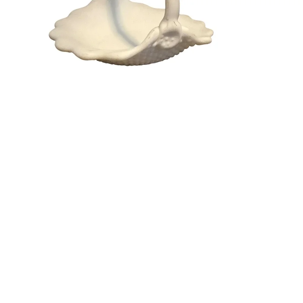 Vintage  White Satin Milk Glass Hobnail Basket Ruffled Edge Applied Handle